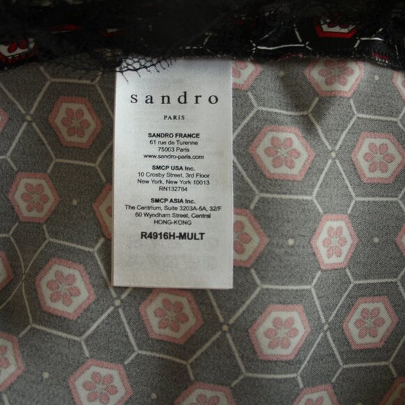 Sandro Paris Black Satin Red Floral Tie Neckline Lace Trim Mini Shift Dress 2 - Picture 6 of 6